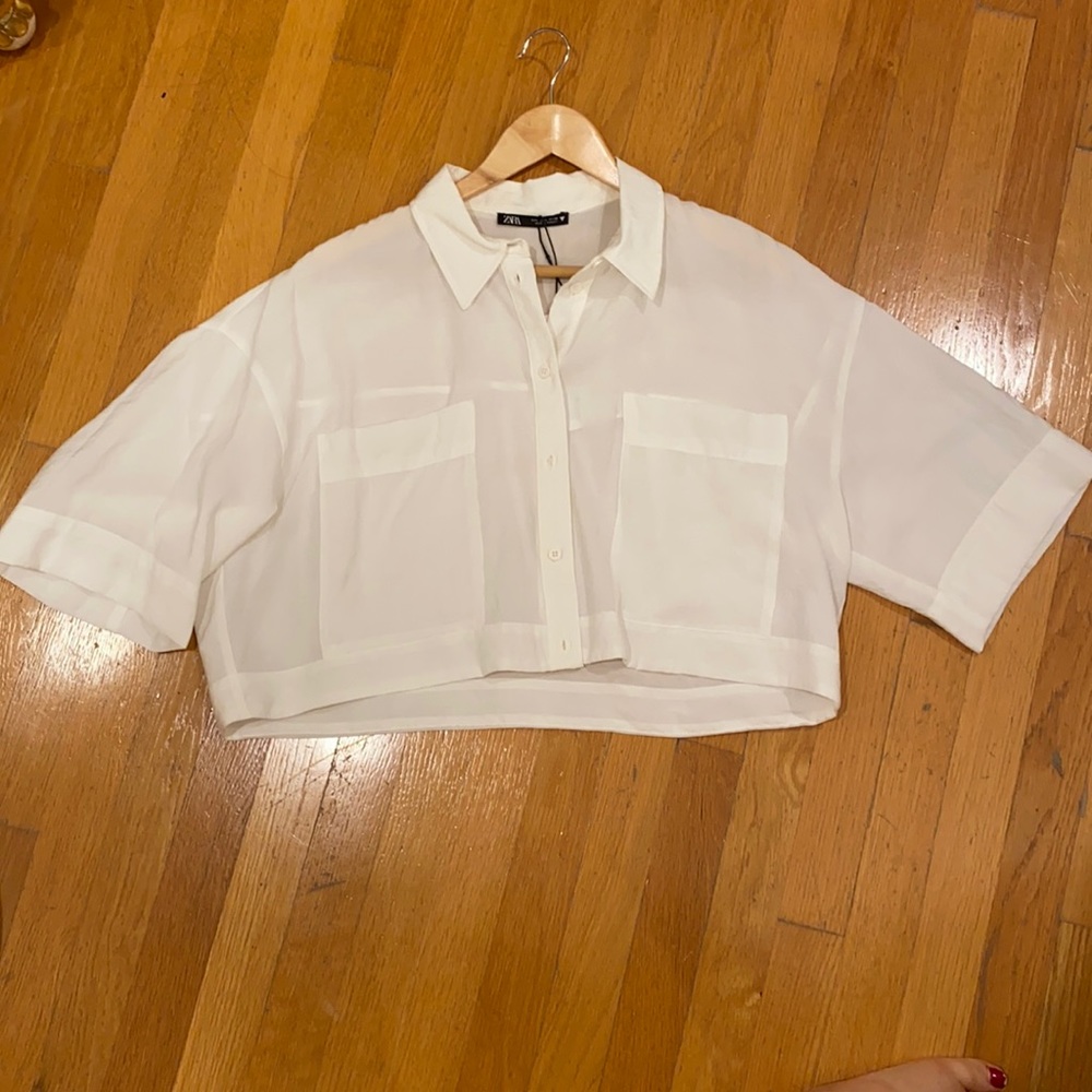 Zara short sleeve cropped linen top